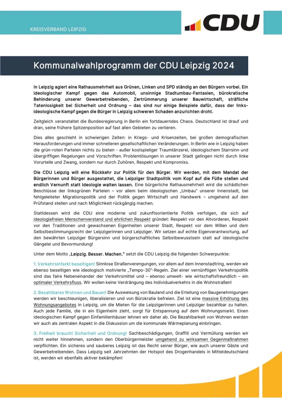 Titelseite des Kommunalwahlprogramms der CDU Leipzig 2024 „Leipzig. Besser. Machen.“