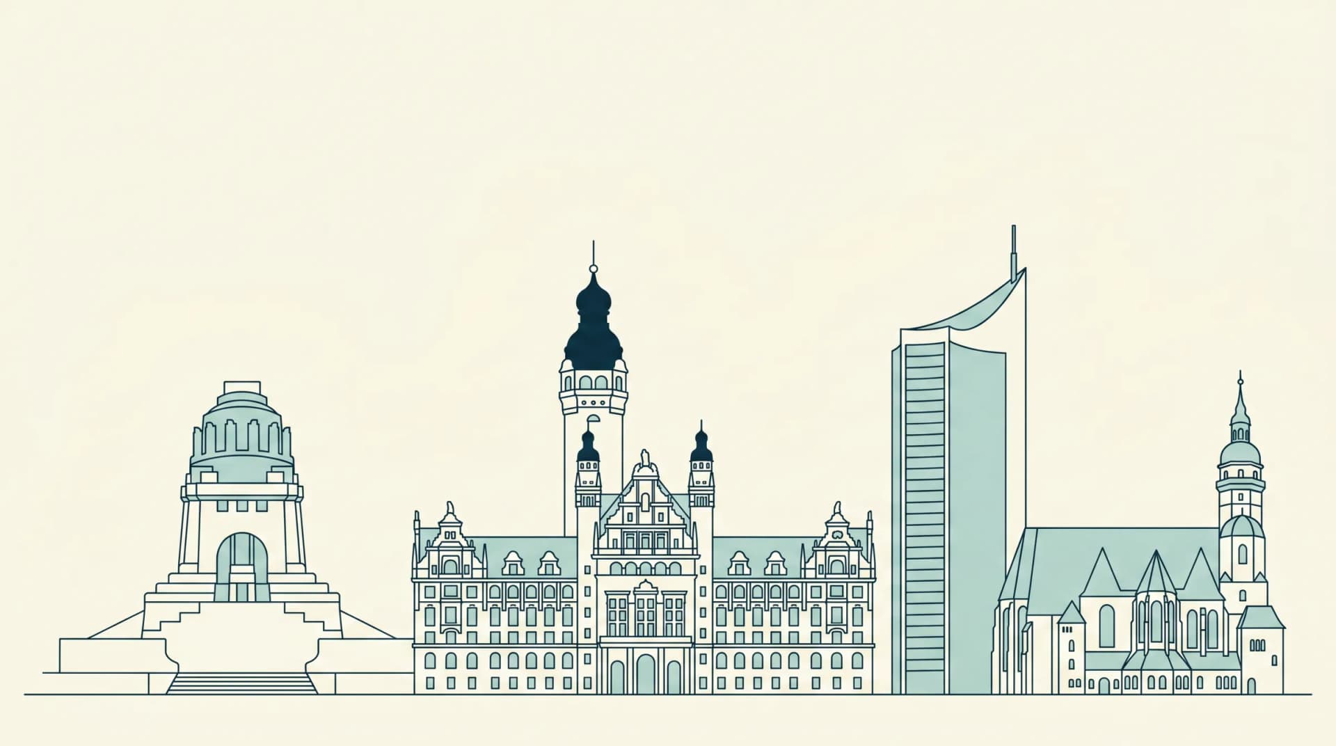 Illustrierte Leipziger Stadtsilhouette mit Völkerschlachtdenkmal, Neuem Rathaus, City-Hochhaus, Oper und Kirchtürmen
